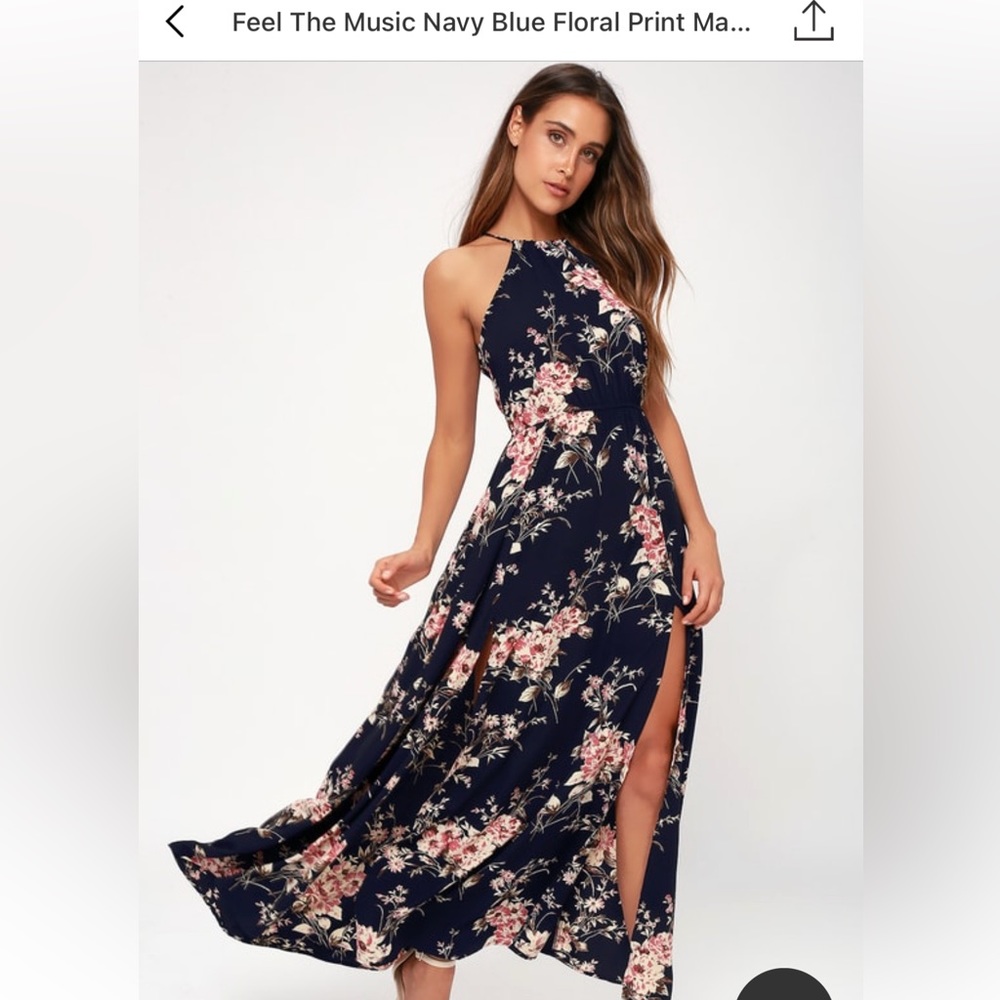 Lulus Feel the Music Navy Blue Floral Print Maxi Dress